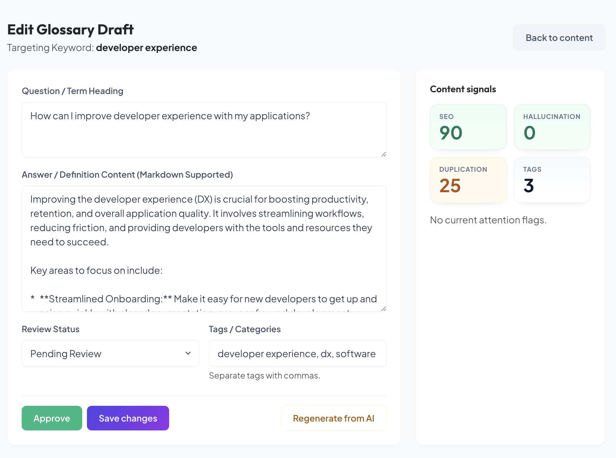 GlossaryPage dashboard draft editing view