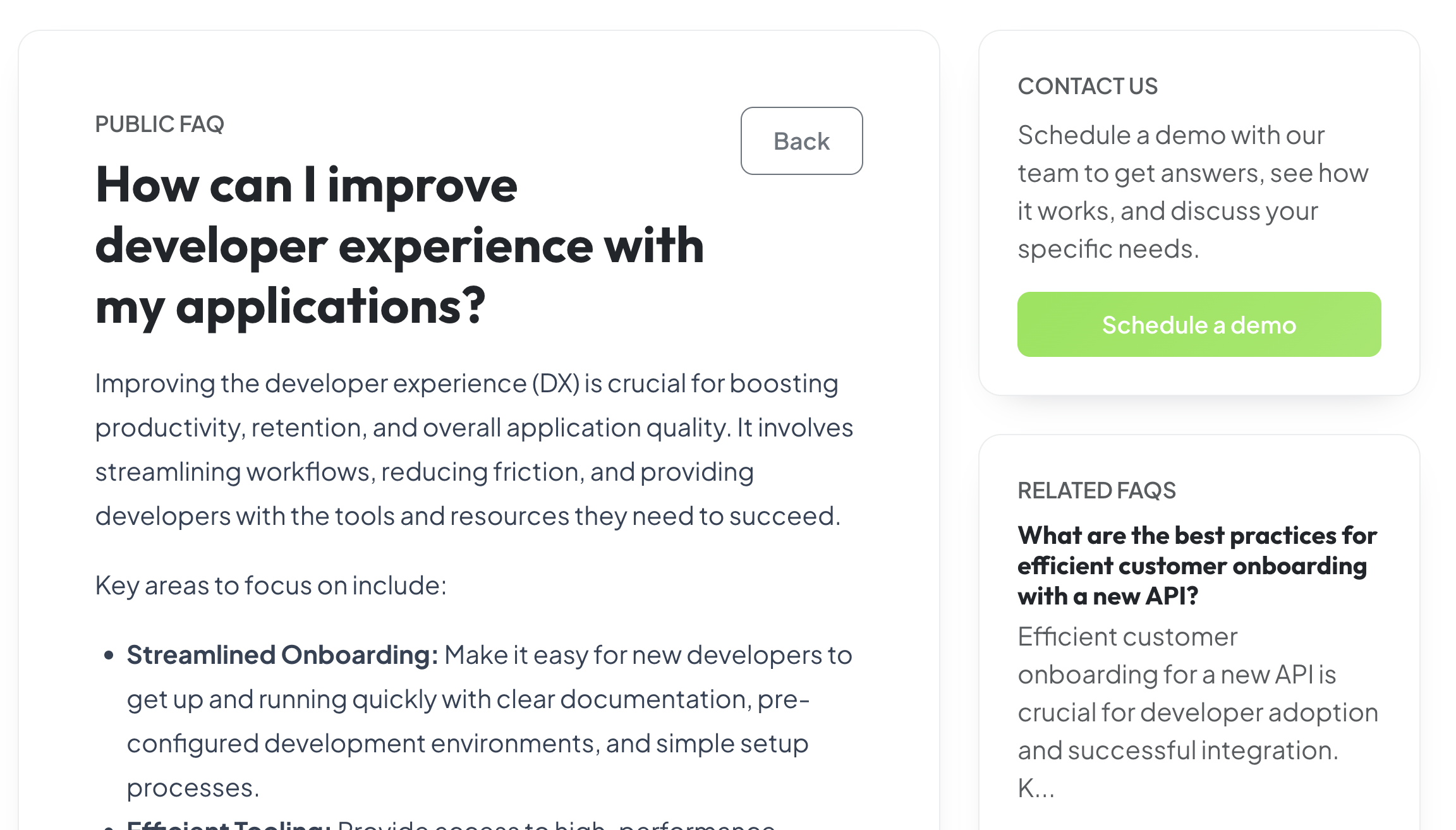 GlossaryPage public FAQ detail view with contact CTA